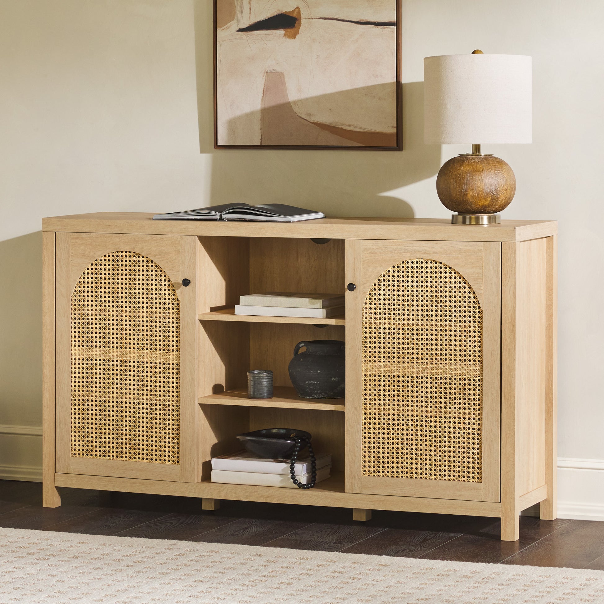 Transitional 58" 2 Door Sideboard With Arched Rattan Panels, Black Light Brown Mdf Mdf