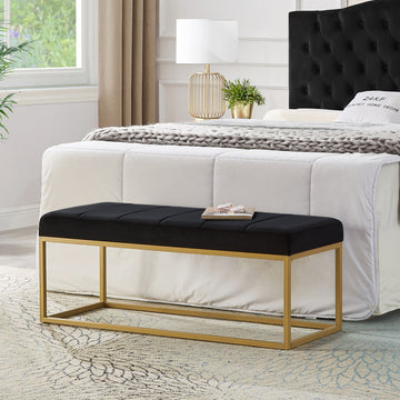 Modern Tufted Channel Entryway Bench Emerald Velvet Upholstered End Of Bed Bench With Metal Frame,Footboard Bench For Living Room, Bedroom Black Foam Velvet