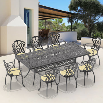 Cushions In Random Colors 9 Piece Set Of Cast Aluminum Patio Furniture With Cushions Yes Dining Set Black Seats 8 Rust Resistant Frame Water Resistant Cushion Garden & Outdoor Complete Patio Sets Aluminium