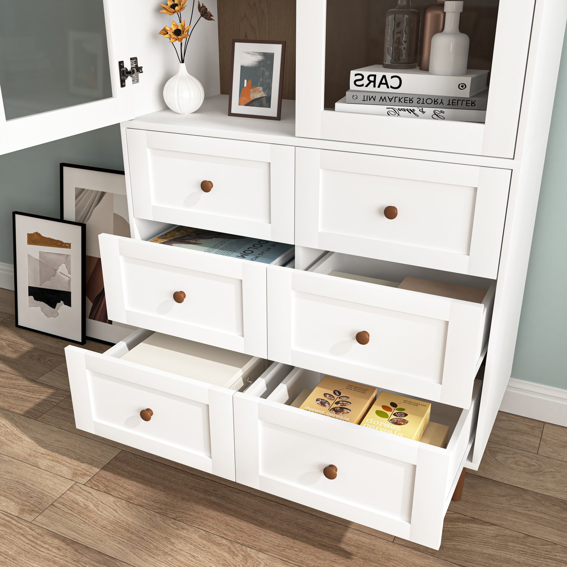 White Mdf Display Storage Cabinet,Tall Kitchen Pantry Cabinets With Glass Doors And Adjustable Shelves,Freestanding Storage Cupboard For Kitchen, Living Room 5 Or More Spaces White Primary Living