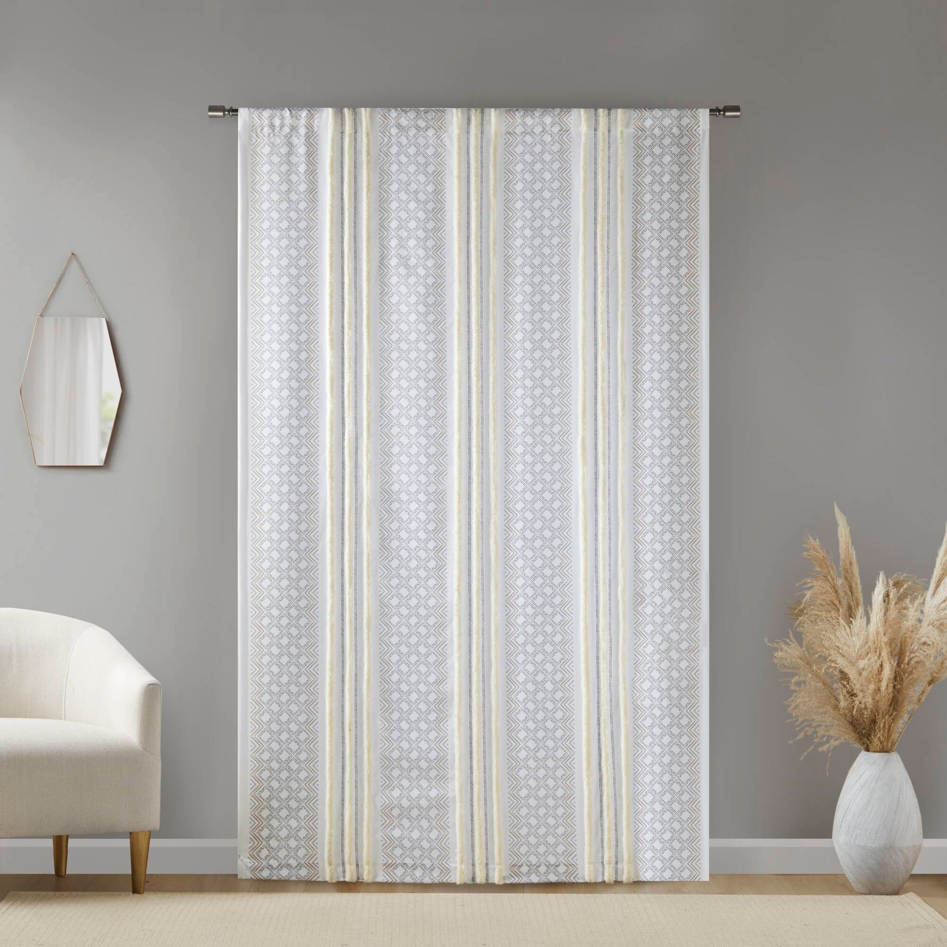 2Pk Poly Printed Curtain Panel With Tufted Stripe White Taupe 2 Pk 50X84" Multicolor Polyester