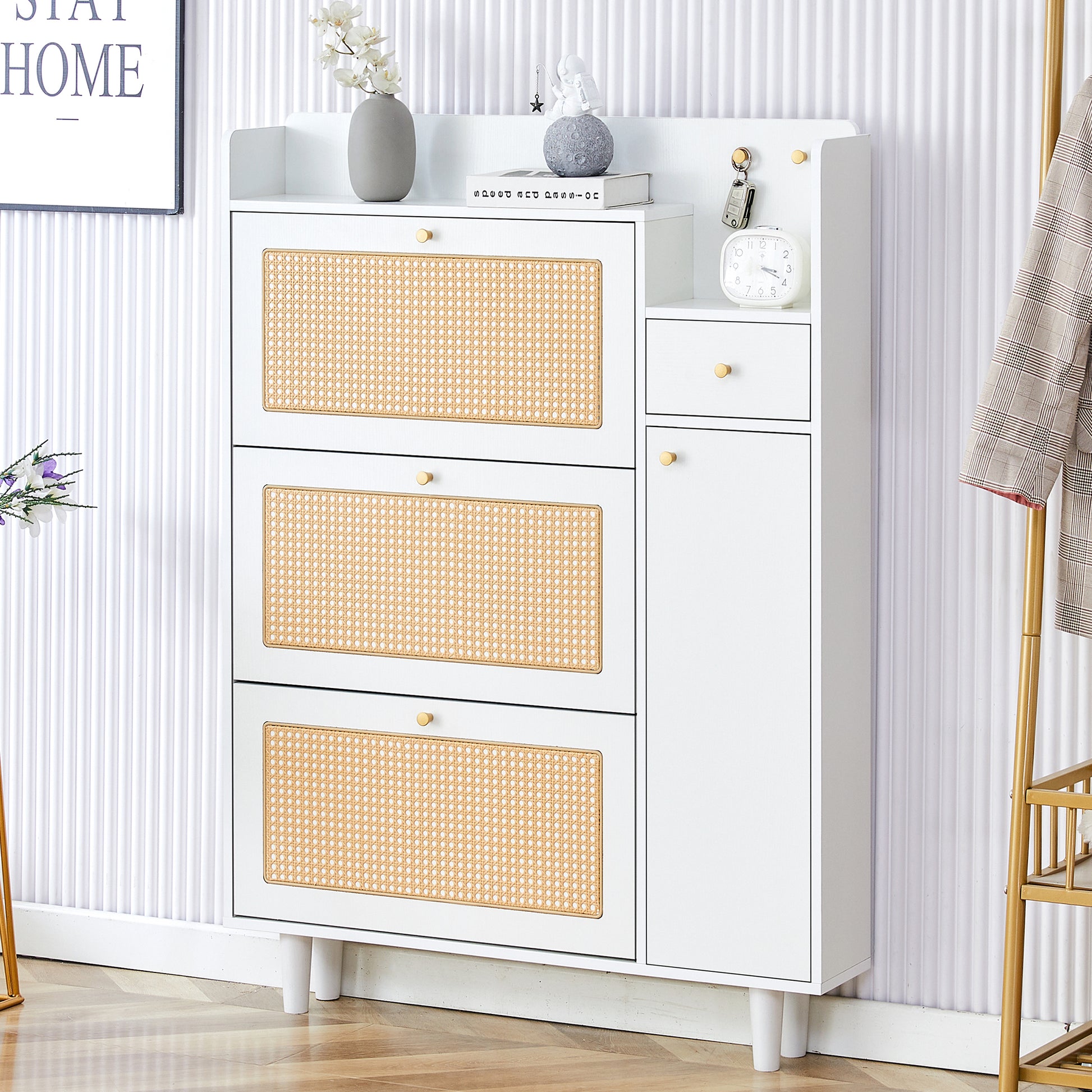 Modern Minimalist Storage Cabinet, Japanese Rattan Shoe Cabinet, Bed Top Cabinet, Small Home Furniture. Suitable For Corridors And Living Rooms. Gz Di 03 White Mdf