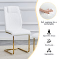 Table And Chair Set.Modern Luxurious Tempered Glass Dining Table Set With Gold Metal Legs And 6 Pu Chairs.White Marble Patterned Sticker Tabletop,White Chairs With Gold Metal Legs. White Gold Seats