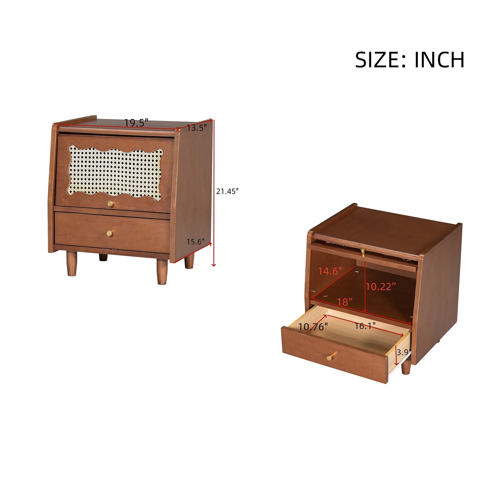 Wooden Nightstand With Rattan Woven Storage Cabinet And 1 Drawer, Exquisite Elegance With Natural Storage Solutions For Bedroom, Walnut Walnut 1 Drawer Wood