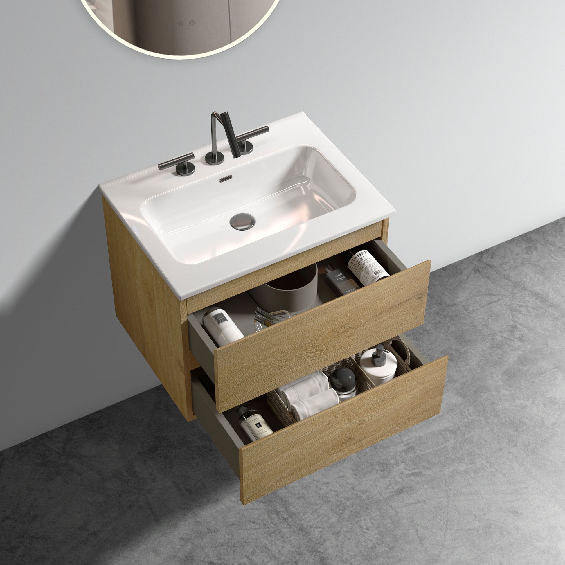 Wall Mount 24" Natural Oak Bathroom Vanity With Ceramic Sink With Three Faucet Holes, Large Storage Floating Bathroom Vanity For Modern Bathroom, One Piece Sink Basin Without Drain, Pre Assembled Oak Bathroom Modern Ceramic Mdf