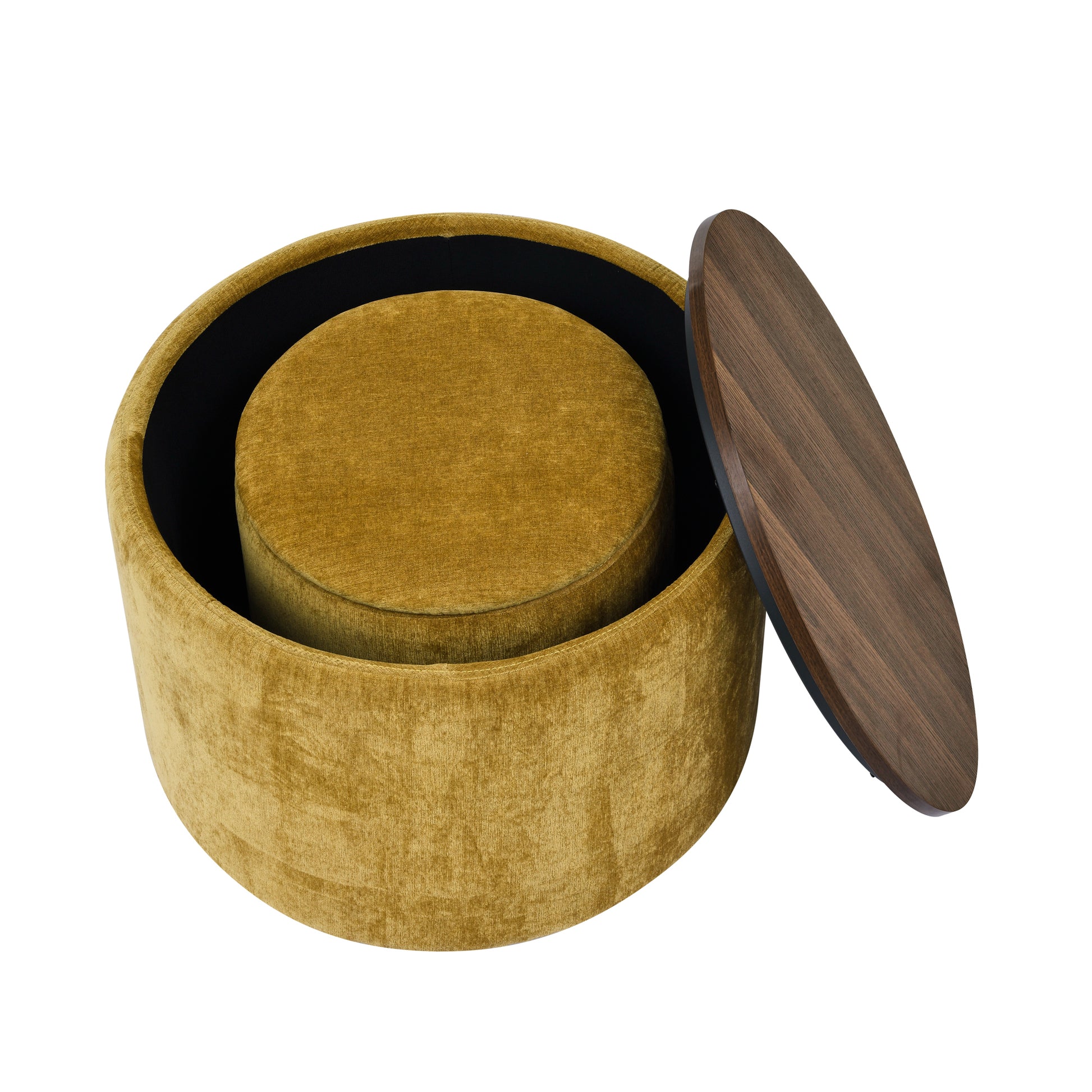 2 Piece Set Round Chenille Storage Ottoman, Equipped With A Drum Shaped Small Stool, Storage Space, And Mdf Made Desktop Panel Dark Yellow 23.62"X23.62"X16.53" Dark Yellow Chenille