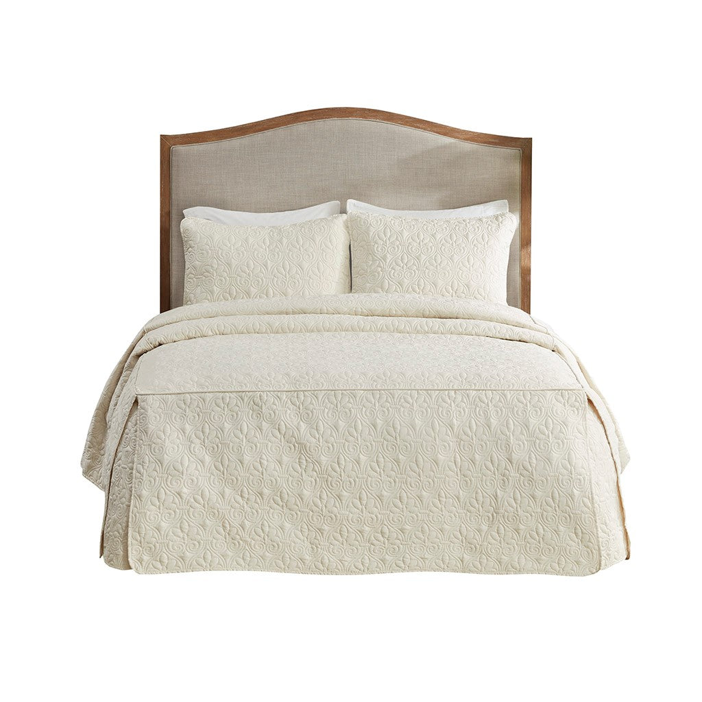 3 Piece Split Corner Pleated Quilted Bedspread Cream Queen Cream Polyester