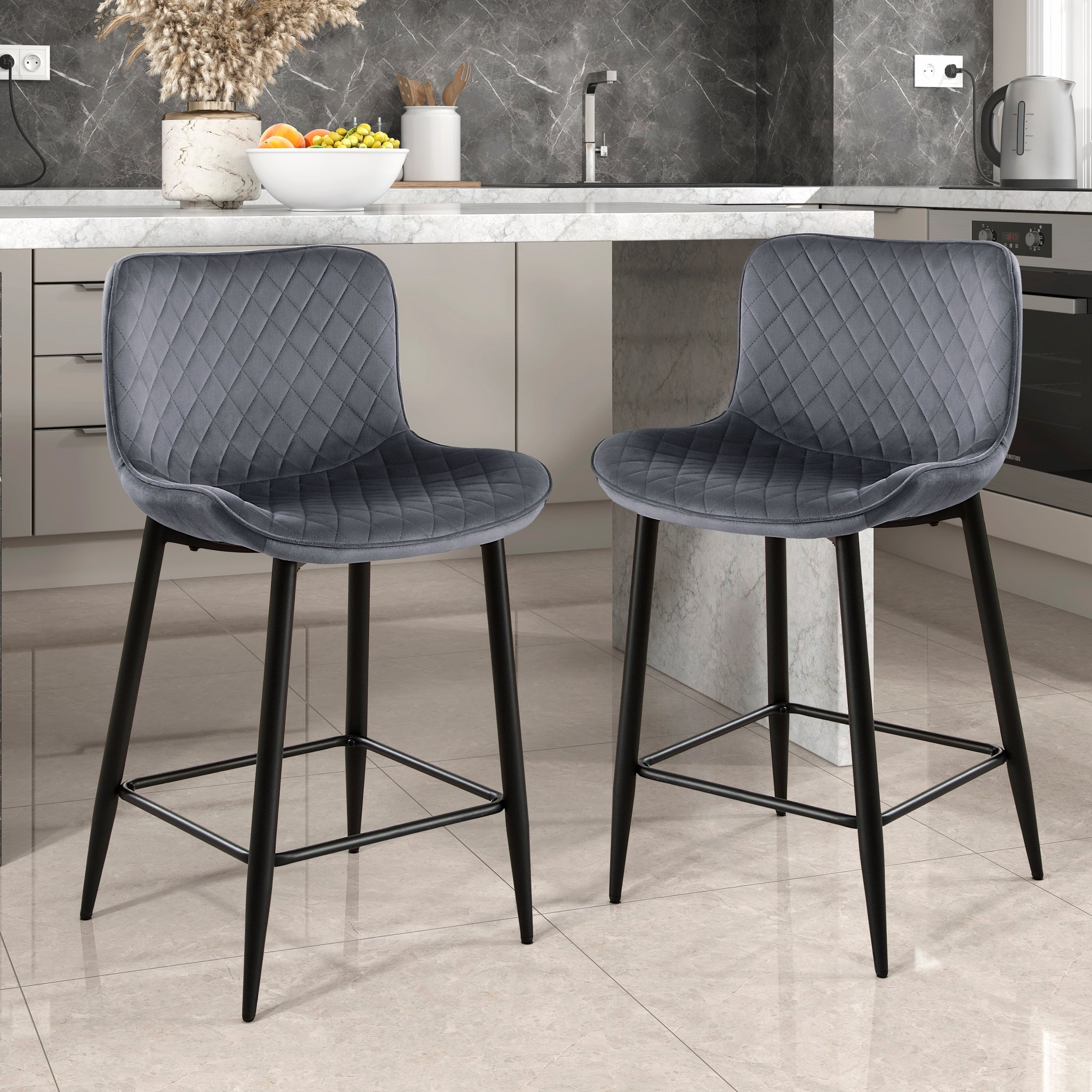 Set Of 2 Counter Height Chairs Dark Gray Velvet Upholstery Modern Casual Dining Furniture Metal Legs, 24 Inch Seat Dark Gray Metal