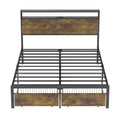Queen Bed Frame With Led Lights And Charging Station Robust Metal Wood Construction, Rustic Wood Platform Bed Frame With 2 Drawers, No Box Spring Needed, Noise Free, Vintage Brown, Easy Assemble Box Spring Not Required Queen Black Brown Metal Brown