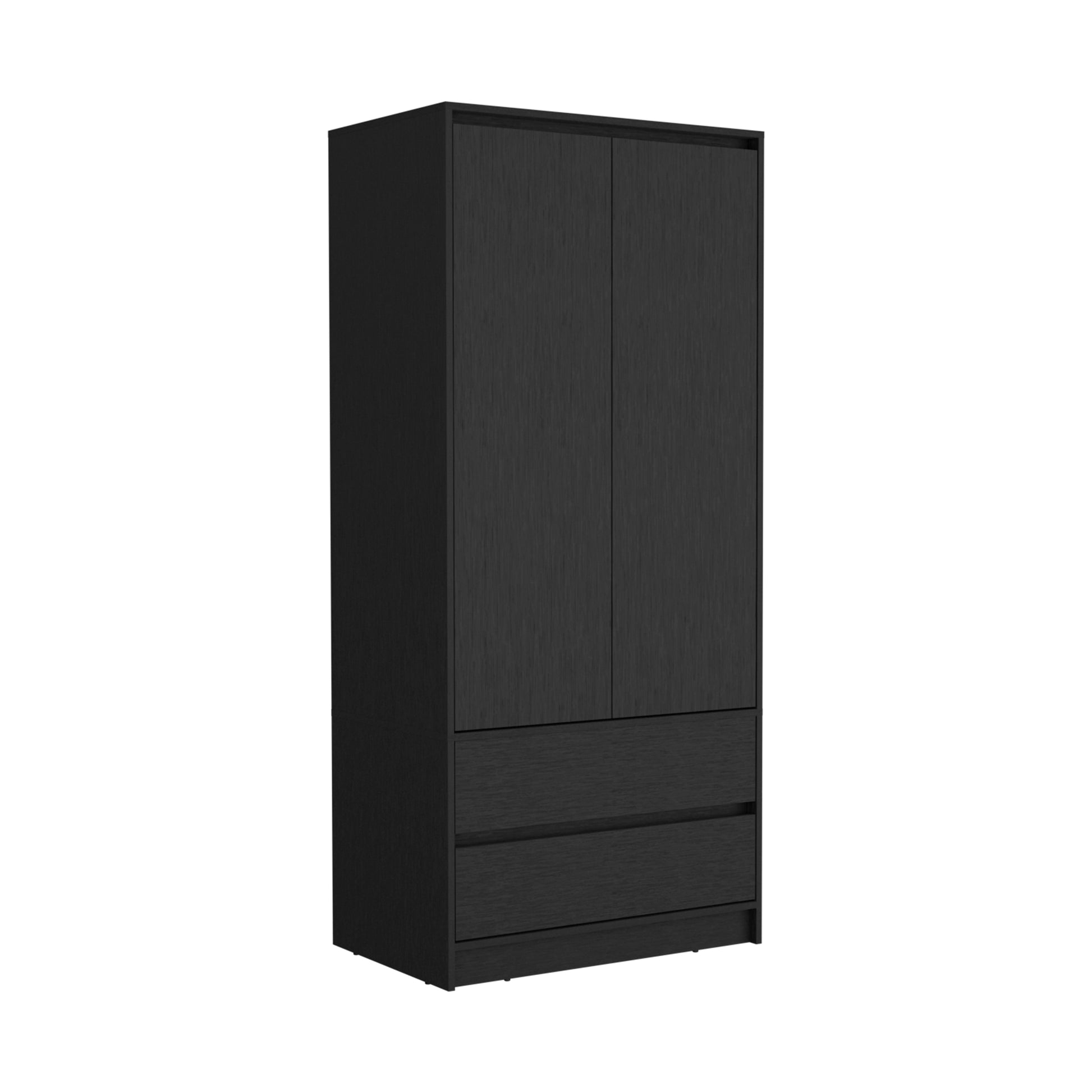 Armoire, Wardrobe Closet With Two Drawers, Hanging Rod, Black Black Solid Wood Mdf Engineered Wood