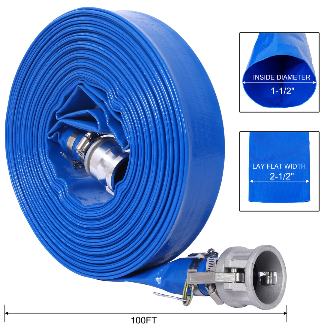 1.5" Id 100 Ft Pool Backwash Hose, Heavy Duty Reinforced Blue Pvc Lay Flat Water Discharge Pump Hoses For Swimming Drain Pools And Clean Filters, With Aluminum Camlock C And E Fittings Blue Pvc