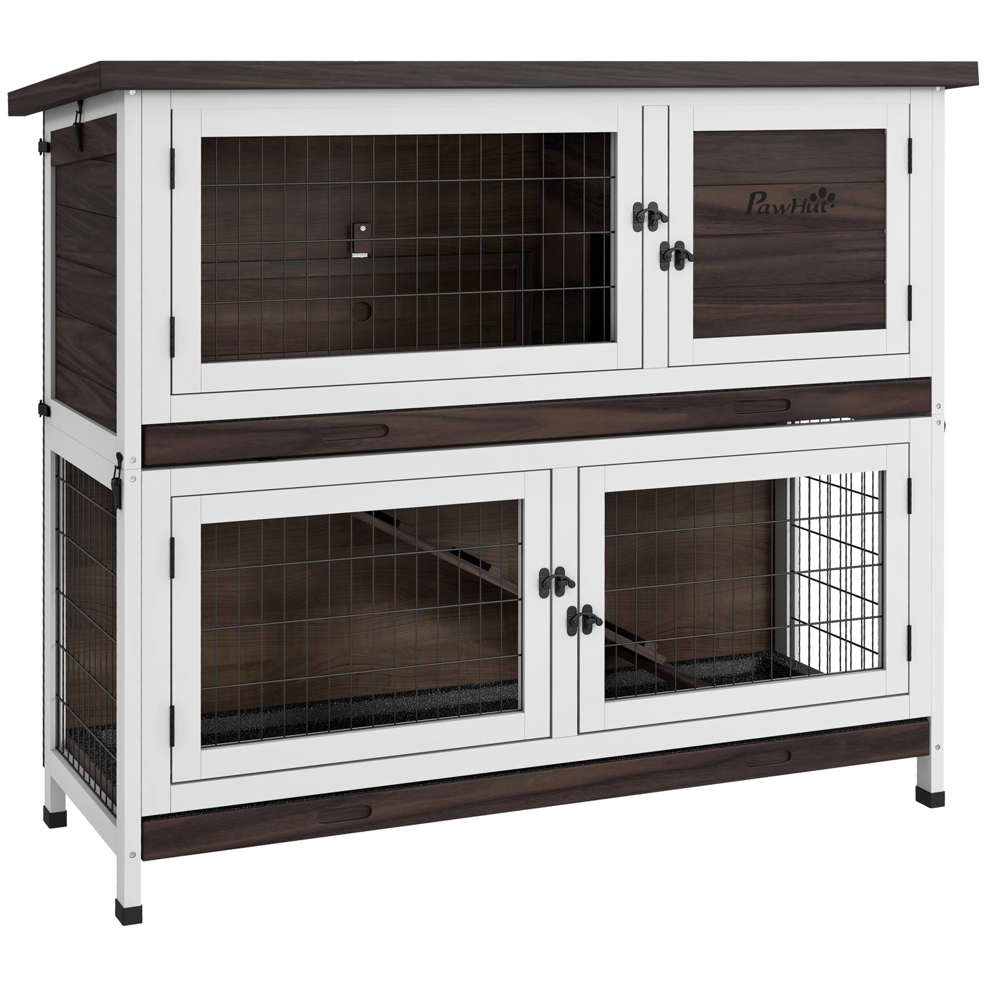 Pawhut Rabbit Hutch, Outdoor 2 Tier Rabbit Cage, 46" Wooden Guinea Pig Cage With Double Removable Trays, Ramp, Asphalt Roof For 1 2 Rabbits, No Screws Easy Installation, Brown Brown Wood