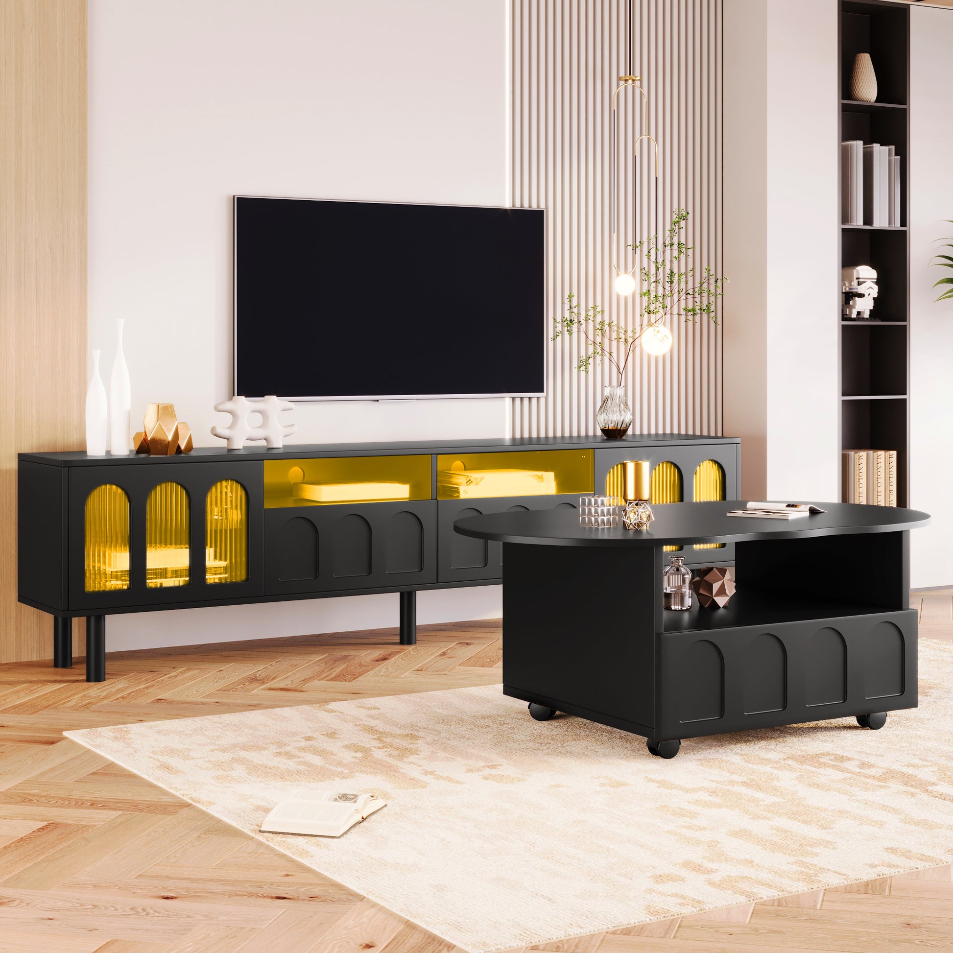 Cream Style Tv Stand And Coffee Table Set Of 2, Led Light Strip Tv Stand For Tvs Up To 80'', Cloud Top Coffee Table With 2 Brake Wheels For Living Room, Black Black 80 89 Inches Particle Board