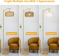 Arc Floor Lamp With 3 Color Temperatures, Led Gold Floor Lamp With Remote & Stepless Dimmable Bulb, Boho Standing Lamp With Rattan & Fabric Shades, Farmhouse Tall Lamp For Living Room Bedroom Brown Gold Rattan Metal