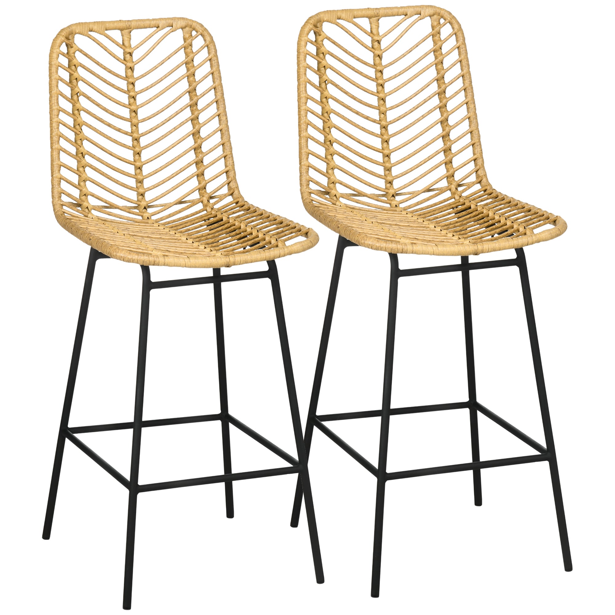 Homcom Rattan Bar Stools Set Of 2, 26" Counter Height Barstools, Boho Kitchen Island Stools Withwicker Seat And Back, Yellow Yellow Steel