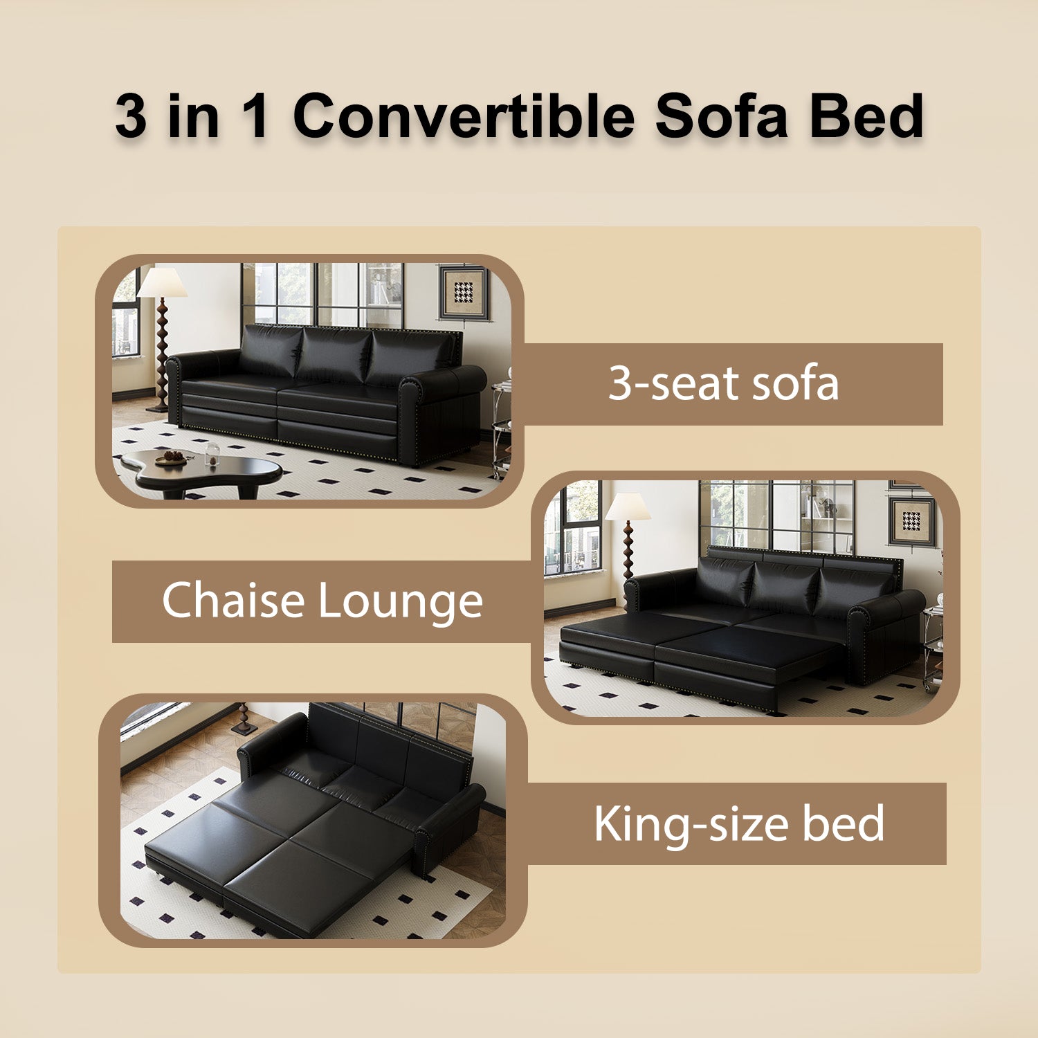 Chesterfield Sofa,93.7" King Pull Out Sofa Bed, 3 In 1 Faux Leather Convertible Sleeper Sofa With Trim & Rolled Arm,Multi Functional Sofa Bed For Living Room,Bedroom,Apartment,Office,Balck Black