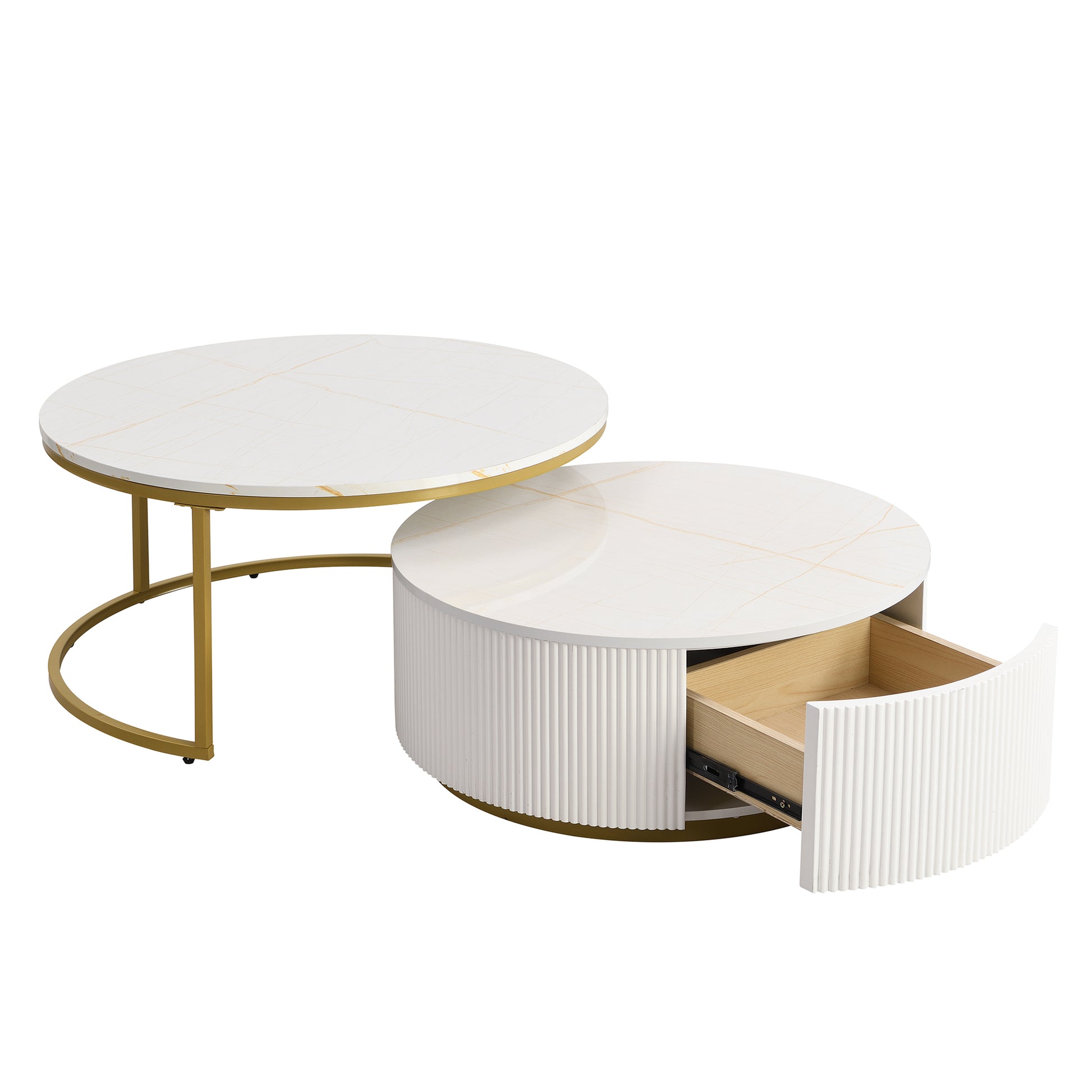 Modern Round Nesting Coffee Table Fluted With Drawer In White & Gold In 31.5'' Golden White Drawers Coffee & End Tables Glossy Round Metal Mdf Pedestal