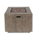 Outdoor Patio Gas Burning Fire Pit 50, 000 Btu Tank Inside, Square, Iron Wood Pattern, Brown Wood Iron