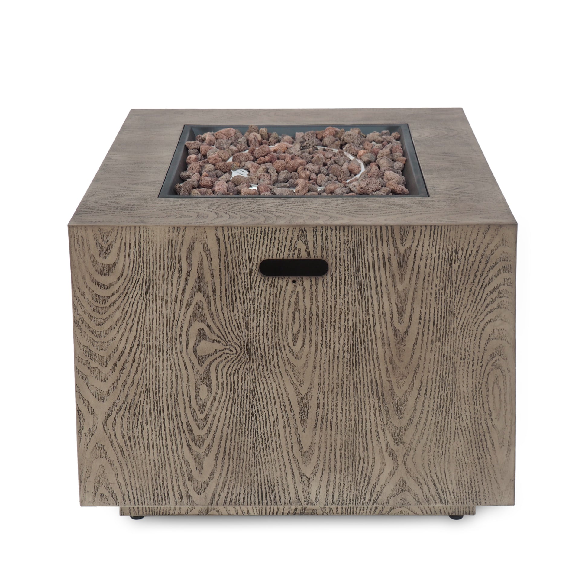 Outdoor Patio Gas Burning Fire Pit 50, 000 Btu Tank Inside, Square, Iron Wood Pattern, Brown Wood Iron