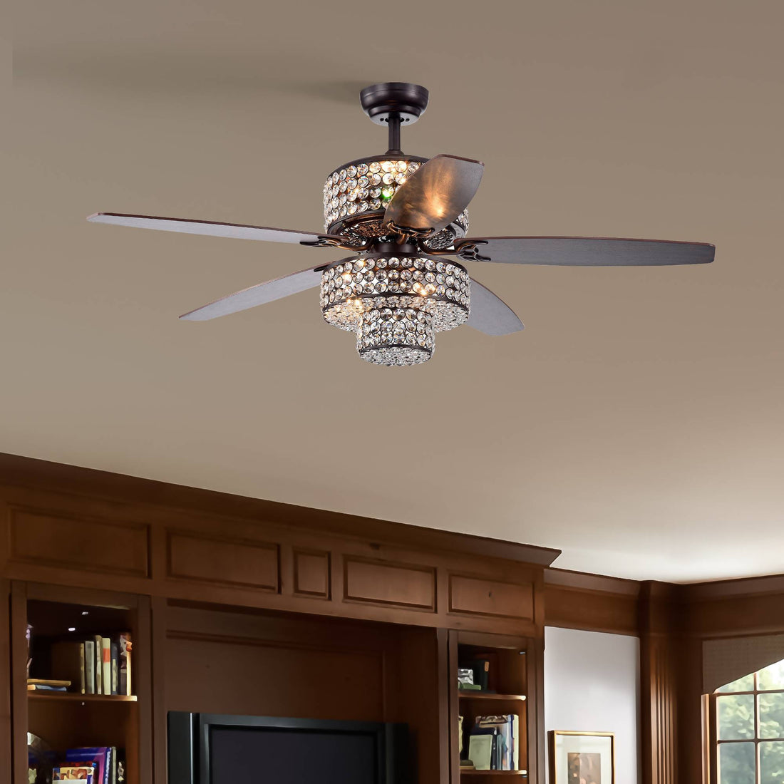 52 In Farmhouse Dual Crystal Shade 5 Blade Reversible Ceiling Fan With Light Kit And Remote 3 Speed High, Mid, Low No Include Bulb Matte Black American Design,American Traditional,Antique,Farmhouse,Industrial Plywood Metal