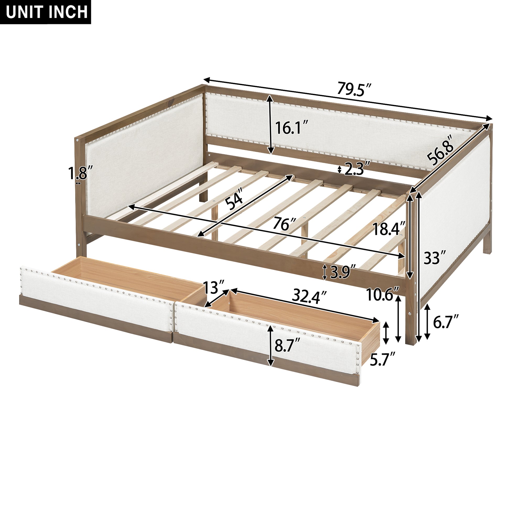 Full Size Upholstered Daybed With 2 Drawers And Decoration, Wood Color Box Spring Not Required Full Wood Wood Daybeds Linen Upholstered