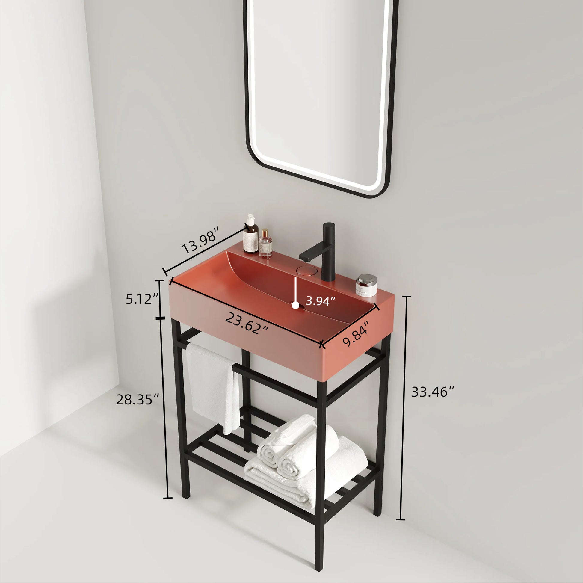 Lofi 24" Bathroom Vanity With Ceramic Basin, Freestanding Bathroom Console Sink Set, Glossy Red Rectangular Ceramic Basin Without Faucet, Open Metal Leg, Storage Shelves, Black Black Red Bathroom