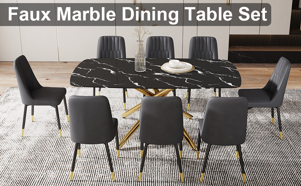 Large Modern Minimalist Rectangular Dining Table With 0.39 "Imitation Marble Black Tabletop And Golden Metal Legs, Paired With Chairs With Pu Cushions And Black Metal Legs. F 1537 C 007 Black Gold Glass Metal