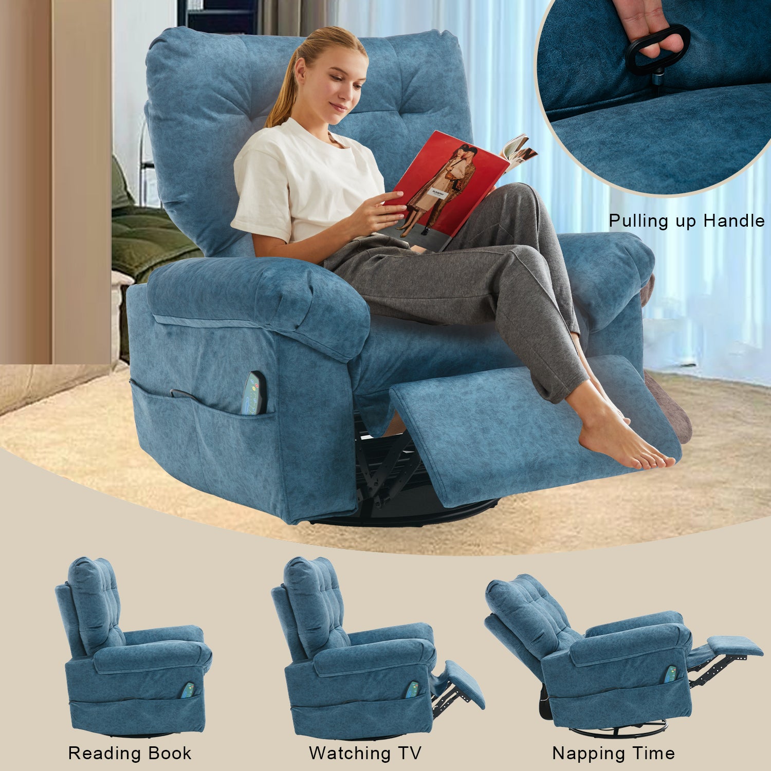 Overstuffed Rocker Recliner Chair With Massage And Heat, 360 Swivel Fabric Wide Seat Single Sofa Lounge Chairs With Side Pocket, Manual Home Theater Recliners For Living Room Blue Metal Soft Heavy Duty Textile