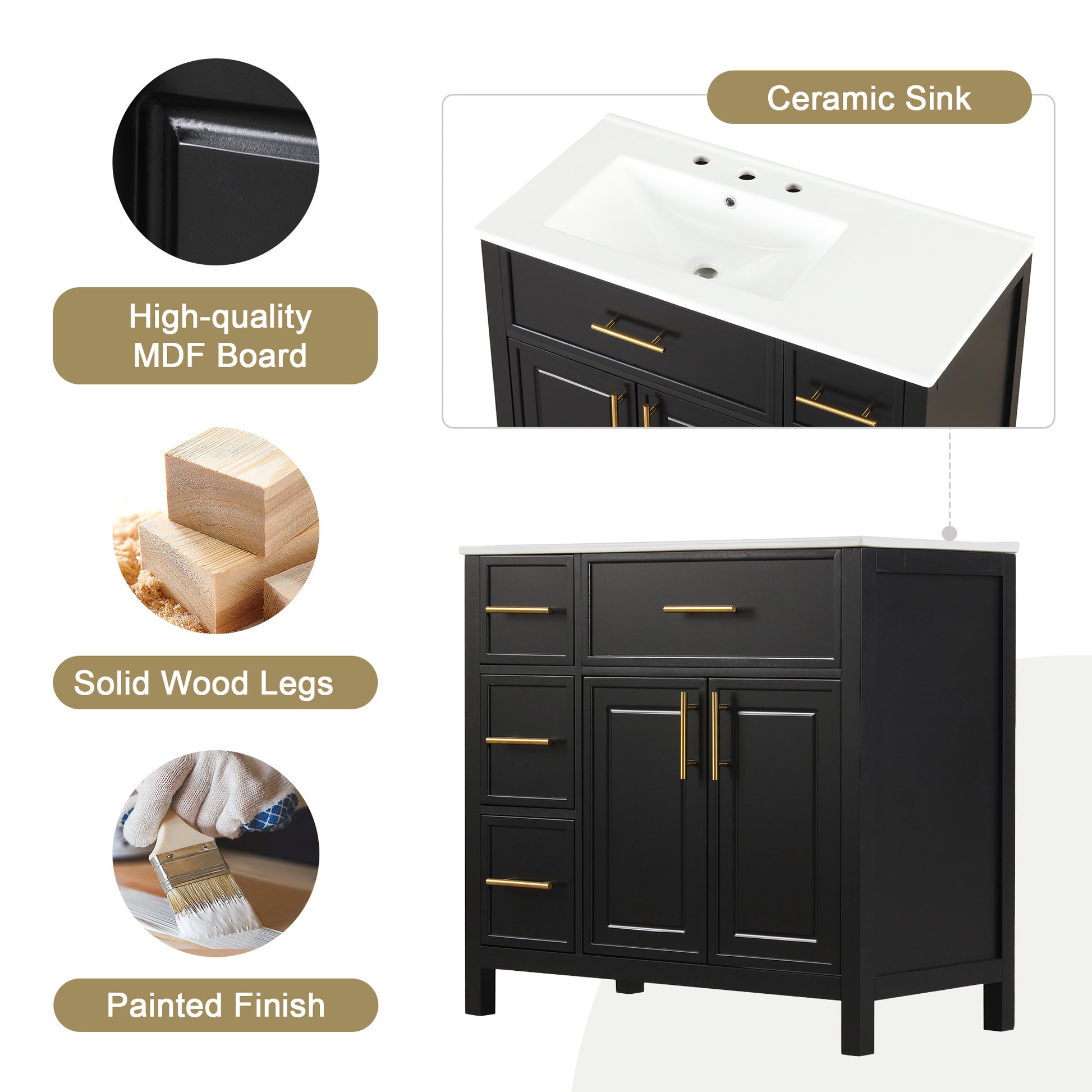 36" Bathroom Vanity With Sink Top, Bathroom Vanity Cabinet With Two Doors And Three Drawers, Solid Woodmdf Boards ,One Package, Black Black Solid Wood Mdf
