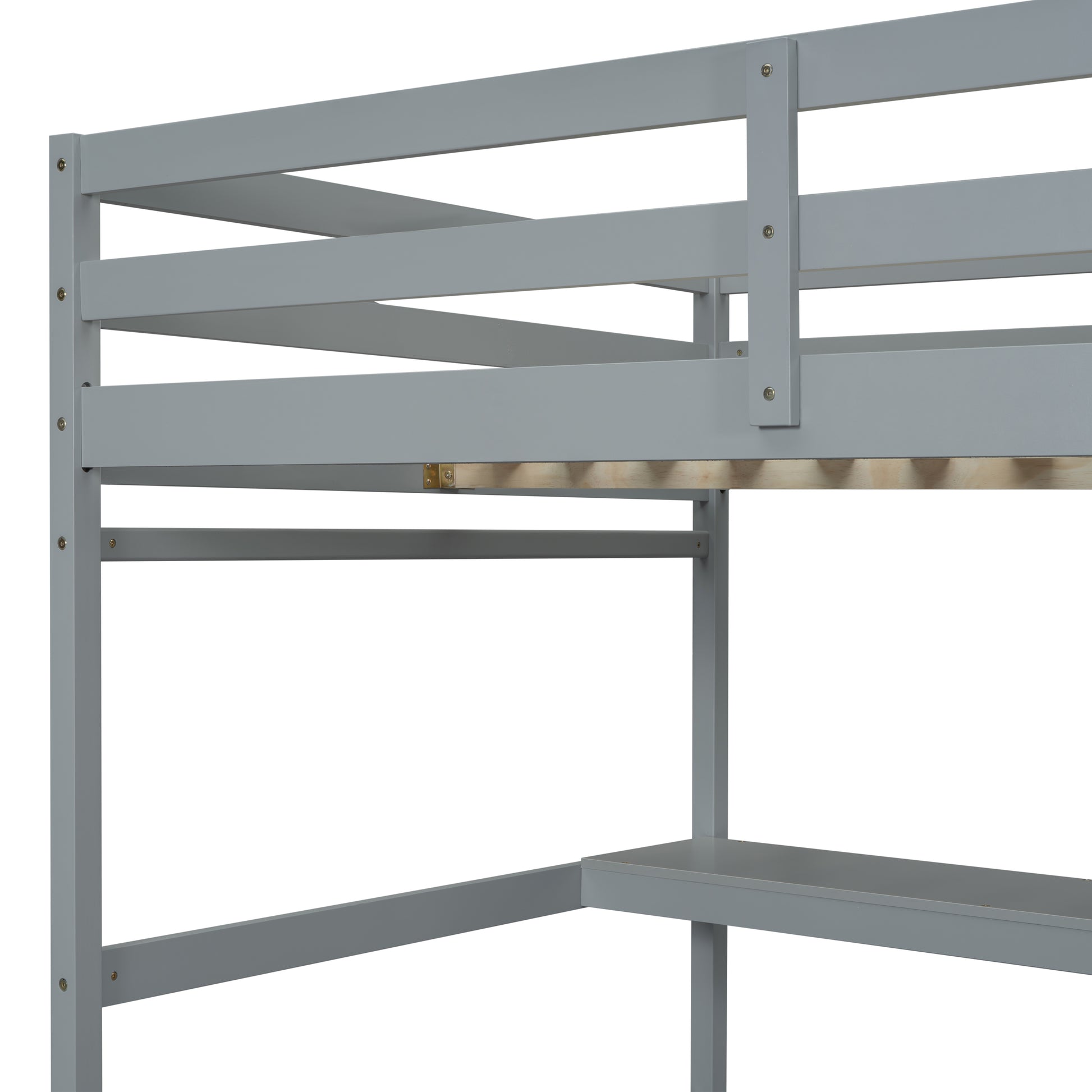 Full Size High Loft Bed With Built In Desk, Ladder Platform, Ladders, Guardrails ,Grey Full Grey Bedroom American Design Pine