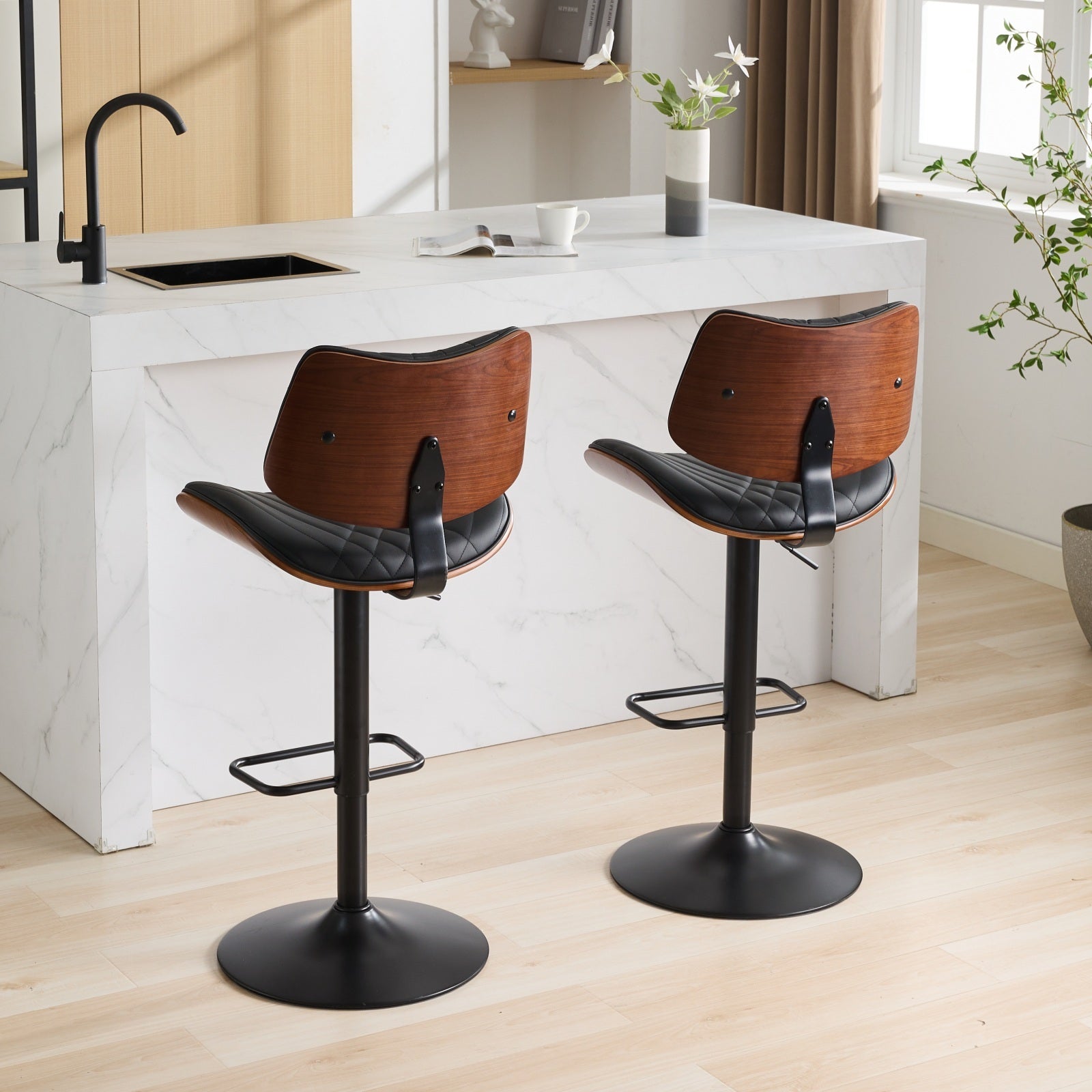 Walnut Bentwood Bar Stools Mid Century Modern Adjustable Counter Height Black Leather Upholstered 360 Swivel Bar Chairs For Kitchen Island Dining Room Cafe, 1 Chair 1Carton,Black Black Pu American Design 1 Foam Pu Leather