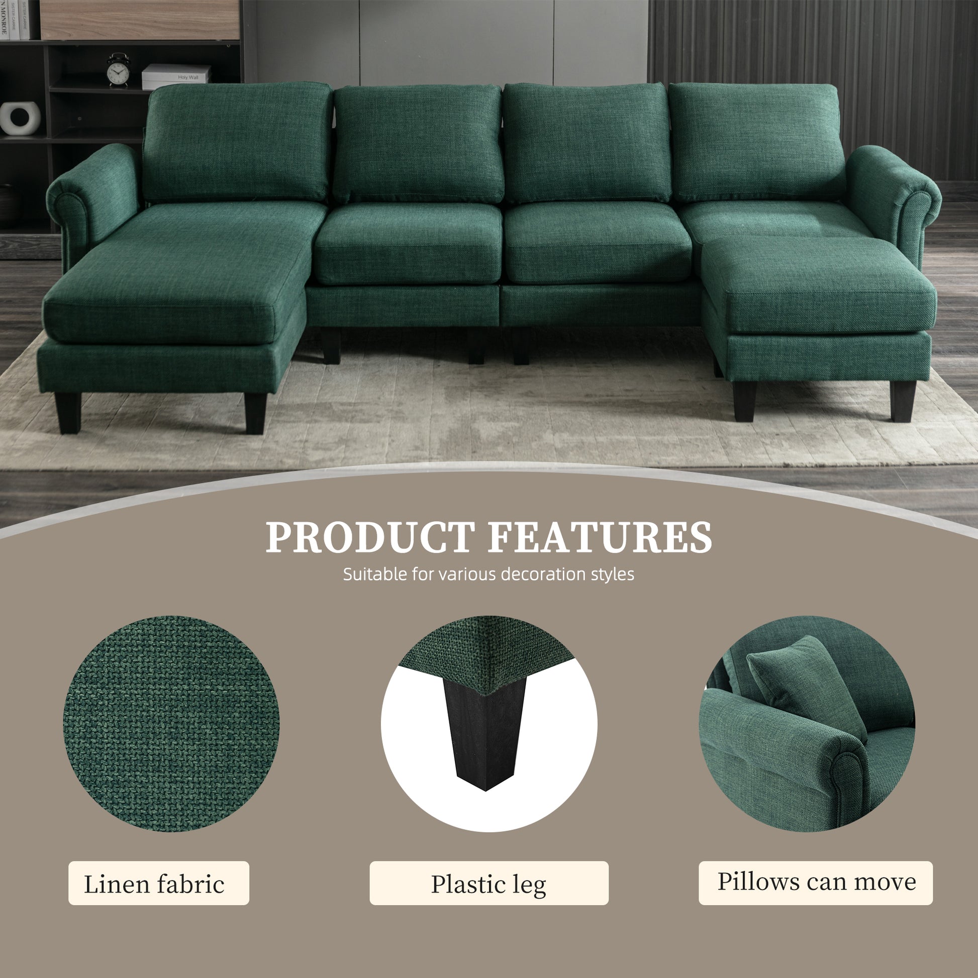 Coolmore Accent Sofa Living Room Sofa Sectional Sofa, U Shape Sectional Sofa With Ottoman, Reversible Sofa Couch For Living Room Emerald Linen Emerald Foam Linen 4 Seat