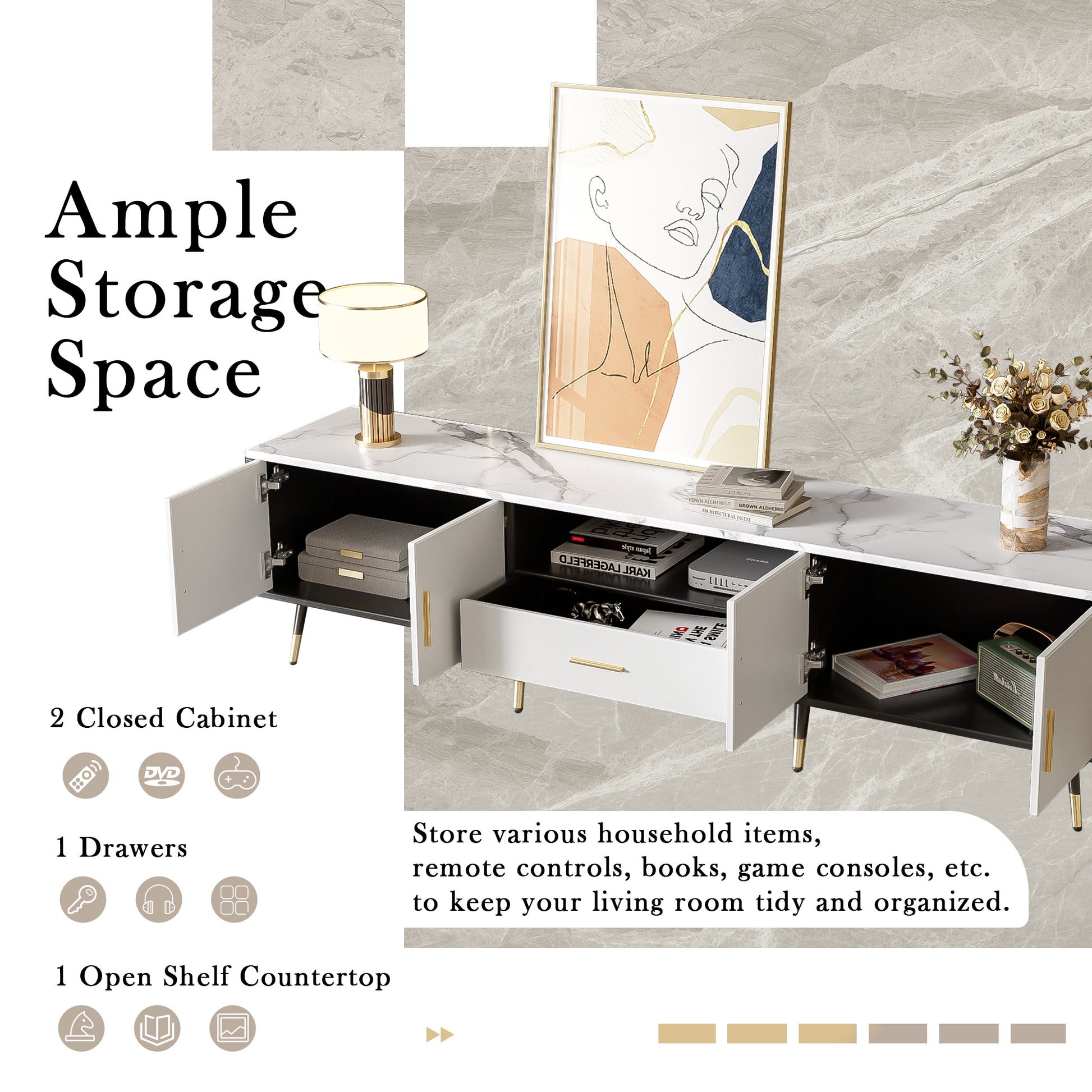 71'' Modern Tv Stand With 2 Cabinets& Open Compartments, Entertainment Center For Tvs Up To 80'', Television Console For Living Room, Bedroom, Home Theatre White Black Primary Living Space 70 79