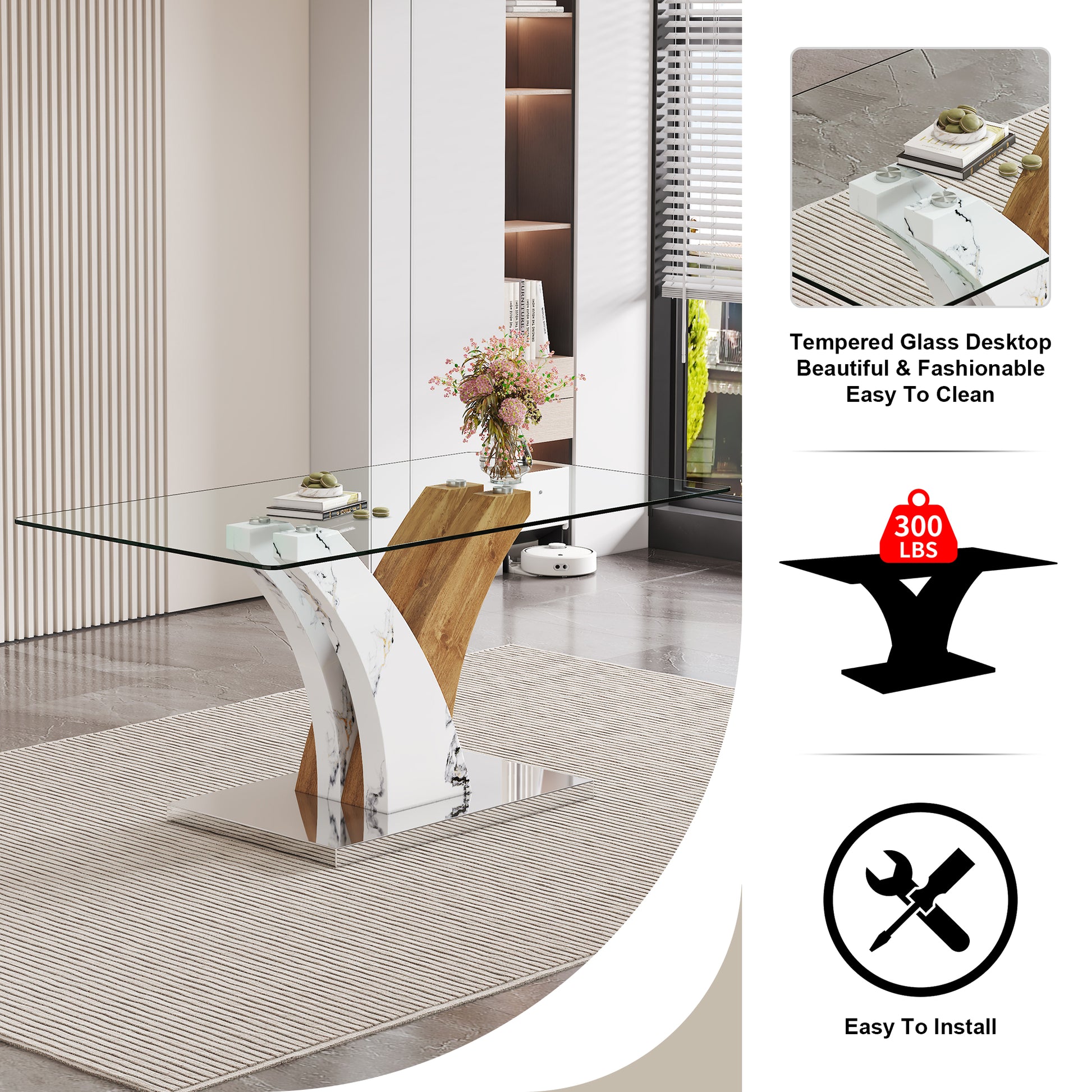 Table And Chair Set.Modern Dining Table, Tempered Glass Countertop With Artistic Mdf Legs.Paried With 4 Comfortable Chairs With Pu Seats And Metal Legs. Suitable For Various Decoration Styles. Black Brown,Transparent Seats 4 Mdf Metal