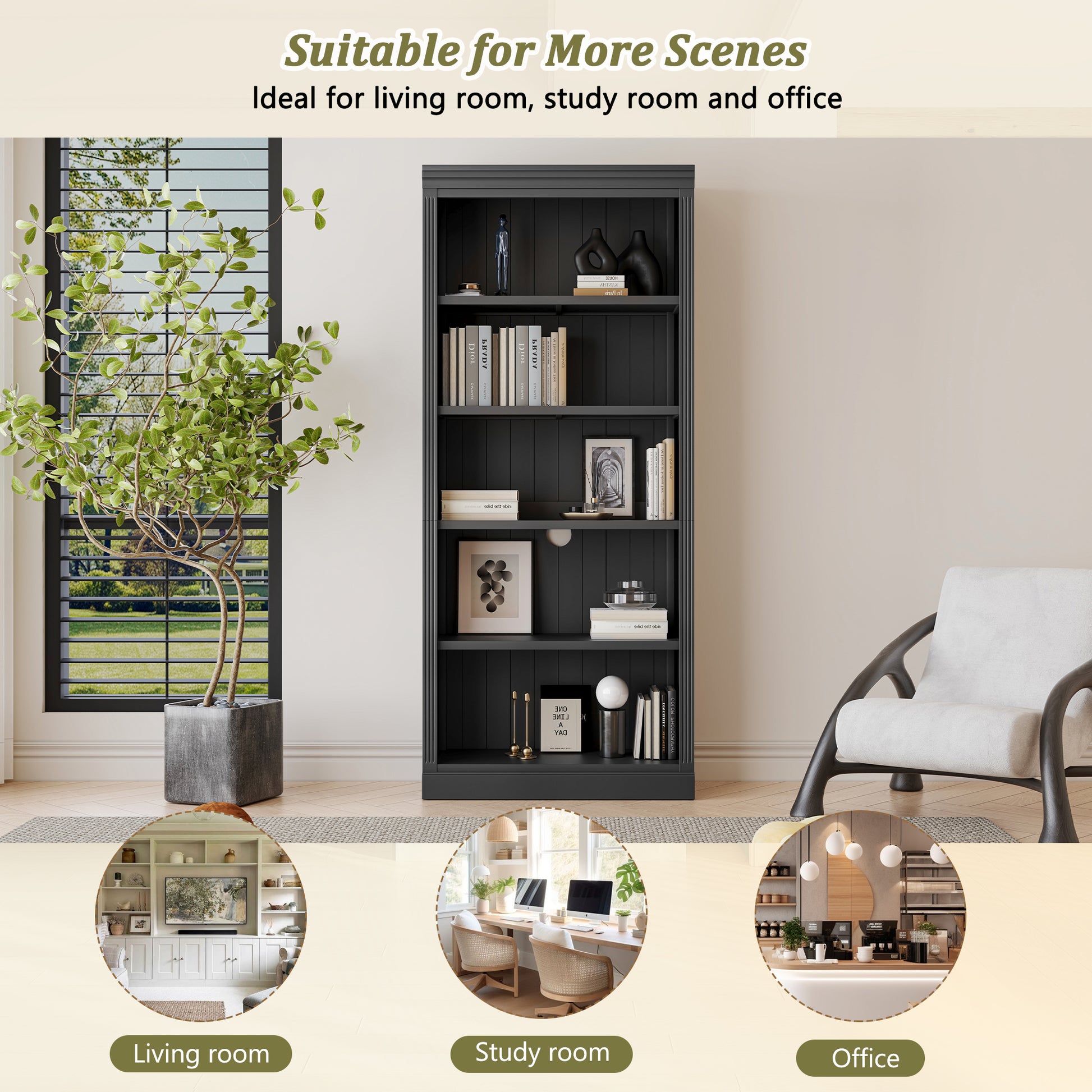 83.4" Tall Wood Bookcase With Light Strip,5 Tier Decor Bookshelves With Adjustable Shelves,Storage Organizer For Cds Books Movies,Free Standing Storage Shelves For Living Room,Home Office,Black