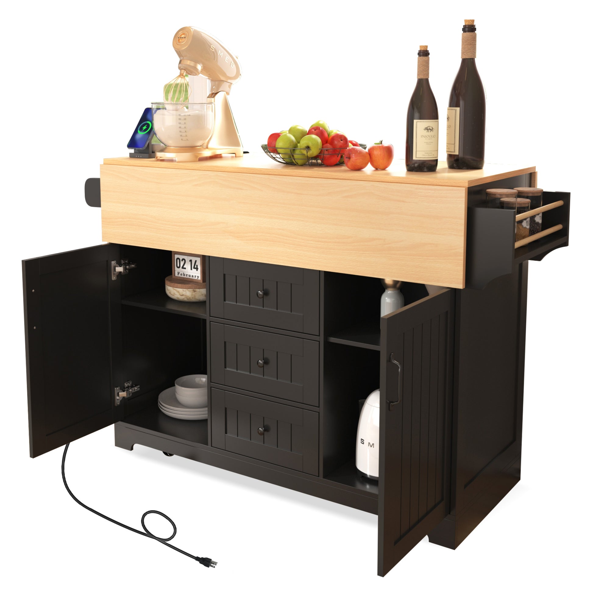 K&K 55.7'' Large Kitchen Island With 2 Drop Leaf, Rolling Kitchen Cart On 5 Wheels With Power Outlet, Folding Storage Dining Table With Spice & Towel Rack3 Drawers, For Kitchen, Dining Room,Black Black Brown Kitchen Classic,Farmhouse,Luxury,Modern