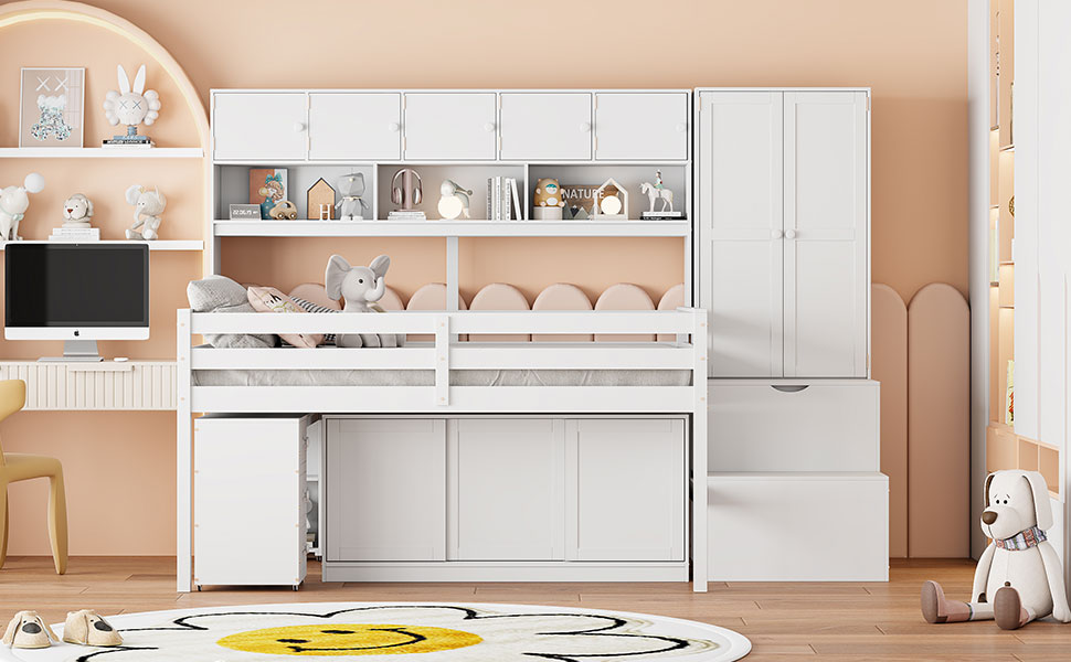Full Size Wooden Loft Bed Big Storage With Under Bed Desk, With Drawers, With Shelves, White Full White Plywood