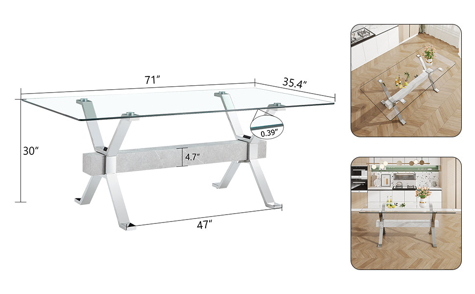 Dining Table. Modern Tempered Glass Dining Table. Large Modern Office Desk With Silver Plated Metal Legs And Mdf Crossbars, Suitable For Both Home And Office Use. Kitchen. 71 ''X35.4''X30 '' 1105 Transparent Glass