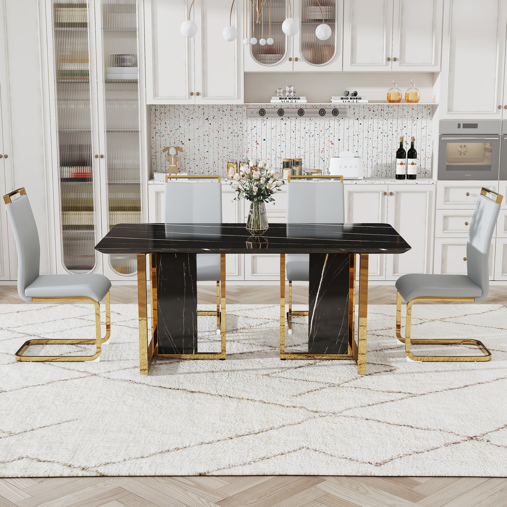 Table And Chair Set. Modern Dining Table With Mdf Top And Beautiful Mdf Legs. Equipped With Comfortable Pu Chairs And Metal Legs. Suitable For A Wide Range Of Decorative Styles. Black,Light Gray Seats 4 Mdf