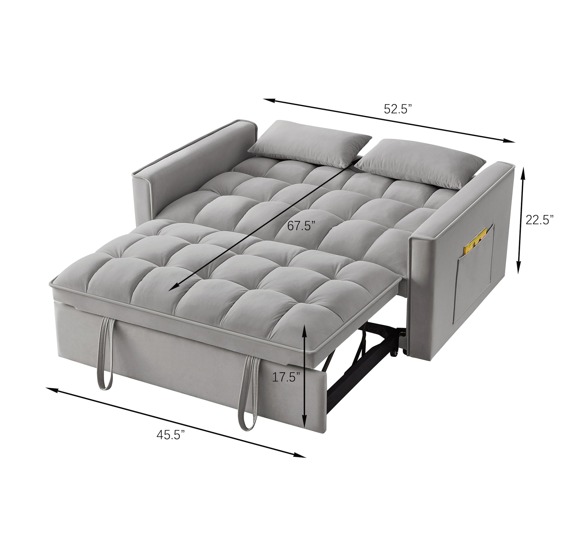 4 In1 Loveseat Sofa Bed With Armrests & Storage Pockets, Multi Function Tufted Pull Out Sofa Bed With Adjustable Backrest And Pillows, Convertible Loveseat Sofa Couch, Gray Gray Velvet Primary Living Space Medium Soft Tufted Back American