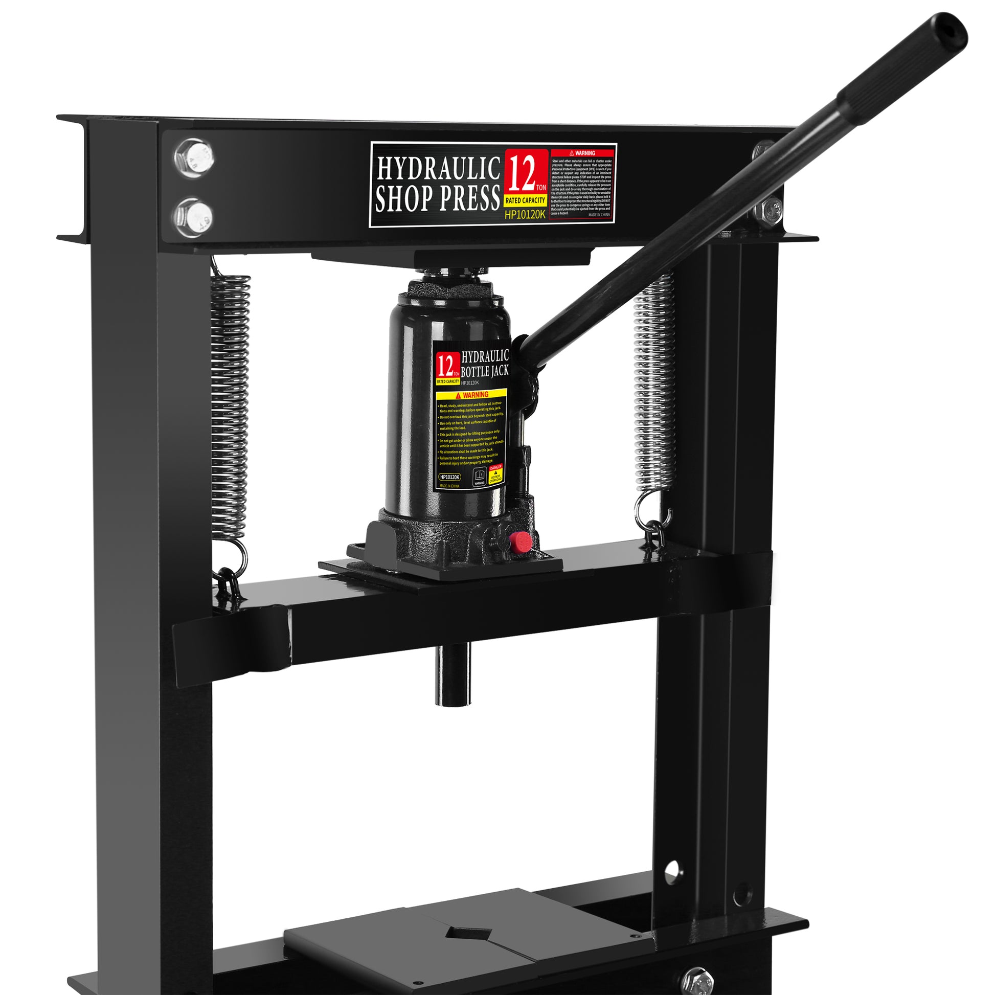 Hydraulic 12 Ton H Frame Garage Floor Adjustable Shop Press With Plates, 12T, Black Black Steel
