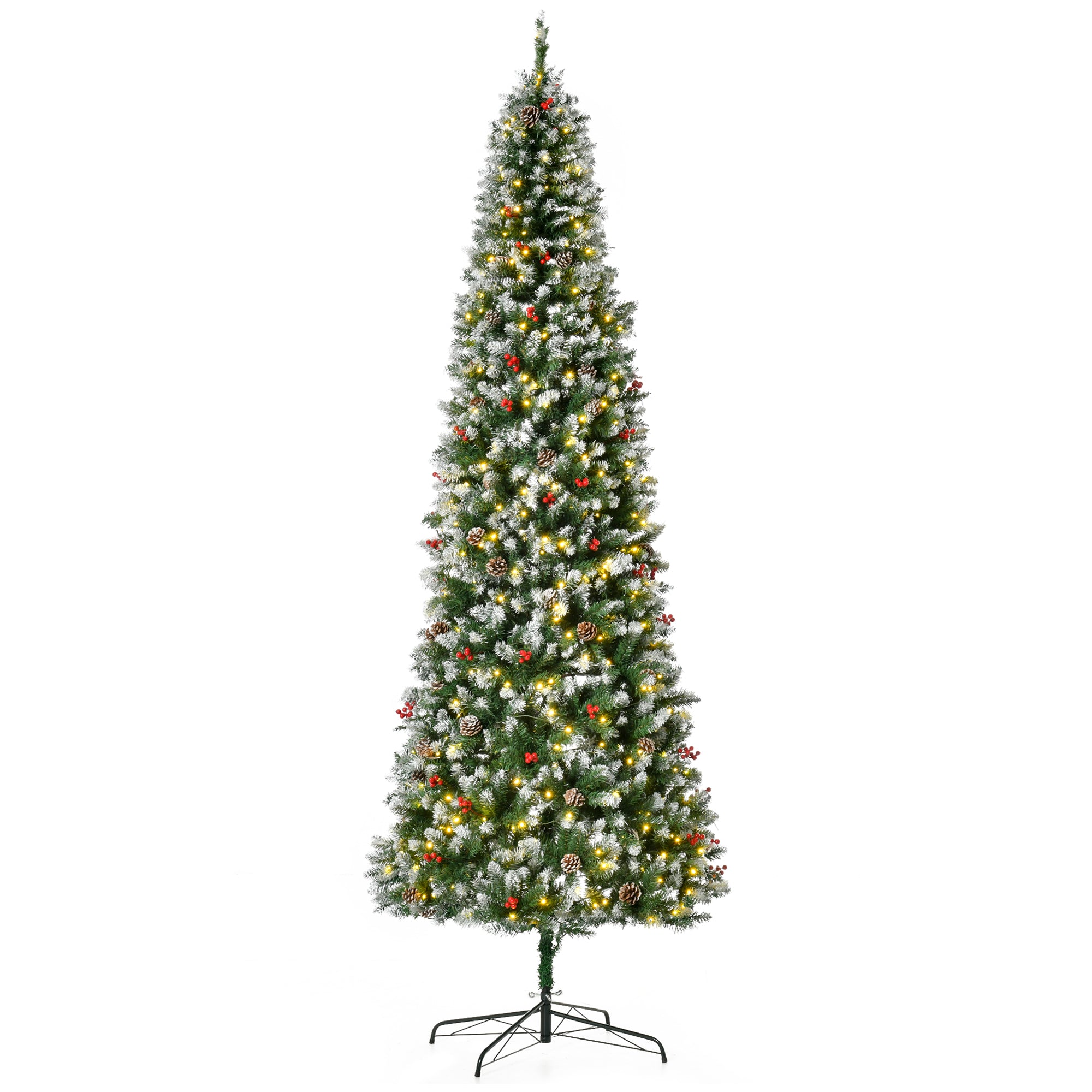 Homcom 9Ft Pre Lit Snow Dipped Artificial Christmas Tree With Realistic Branches, 460 Led Lights, Pine Cones, Red Berries And 1298 Tips Green Pvc