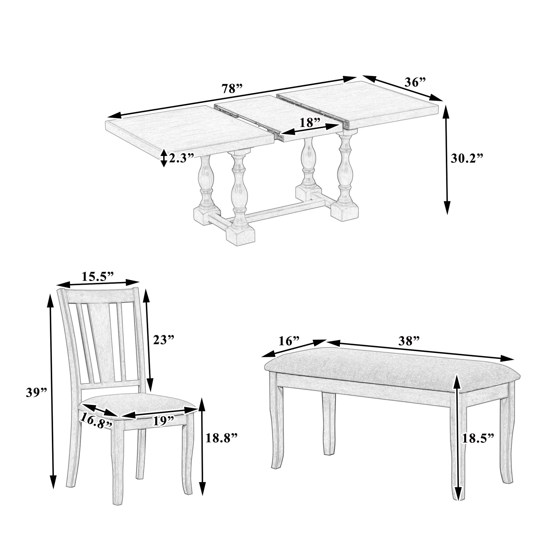 Traditional 6 Piece 78Inch Trestle Extendable Dining Table Set With One 18Inch Removable Leaf, Padded Dining Chairs And Bench,Distressed White Brown Wood Dining Room Solid Wood Rubberwood Rectangular Dining Table With Chair And Bench Upholstered Chair