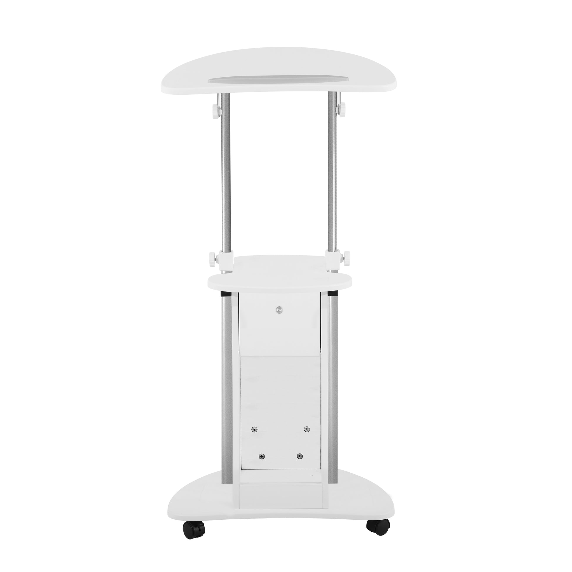 Techni Mobili Sit To Stand Rolling Adjustable Laptop Cart With Storage, White White White Standing Desk Converter Office Modern Manual Floor Mount Rectangular Mdf Steel