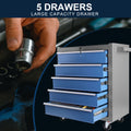 High Capacity Rolling Tool Chest With Wheels And Drawers, 5 Drawer Tool Storage Cabinet Blue Grey Iron