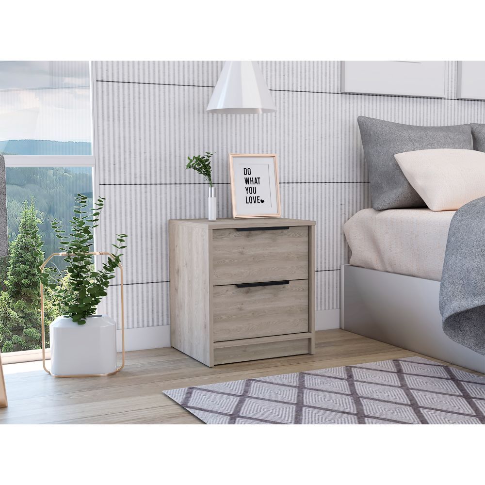 Kaia Nightstandend Table, Side Table Two Drawers, Metal Handle Light Gray Gray 2 Drawers Bedroom Rectangle Modern Shelf Particle Board Particle Board