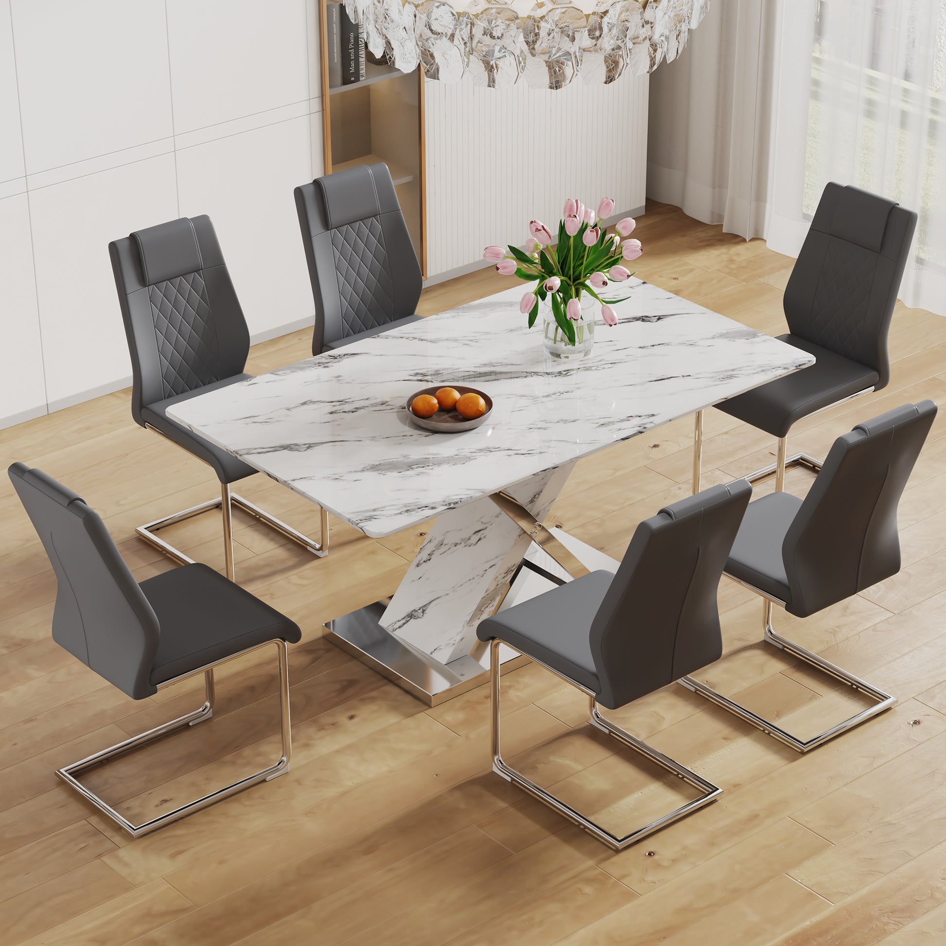 Table And Chair Set, Modern Dining Table, Imitation Marble White Top And Silver Legs, Soft And Comfortable Dining Chair, Perfect For Dinner, Meetings, Home And Office Decor Grey Silver Glass Metal