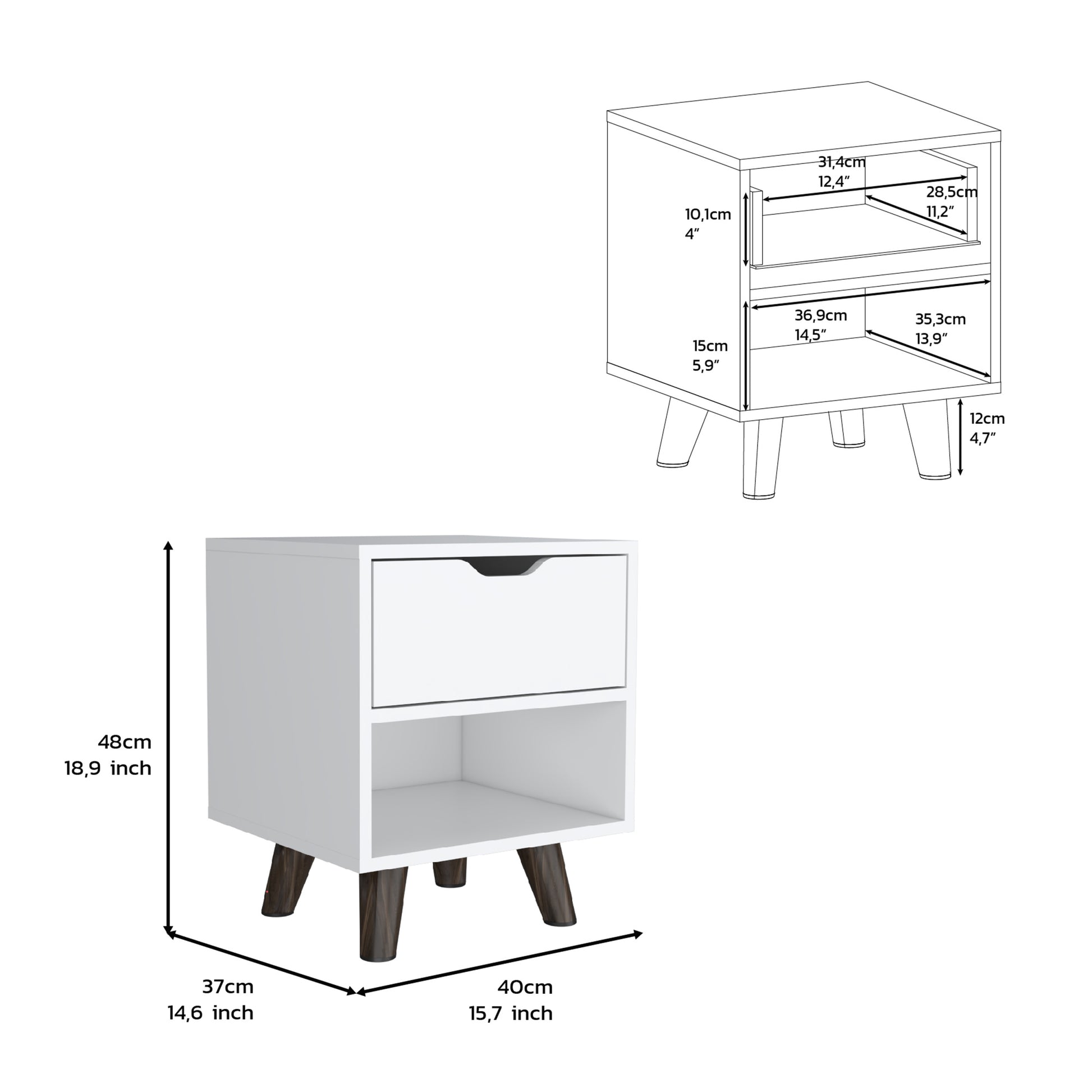 Modern Nightstand 19"H With Spacious Drawer, Open Storage Shelf And Chic Wooden Legs, White White Particle Board Particle Board