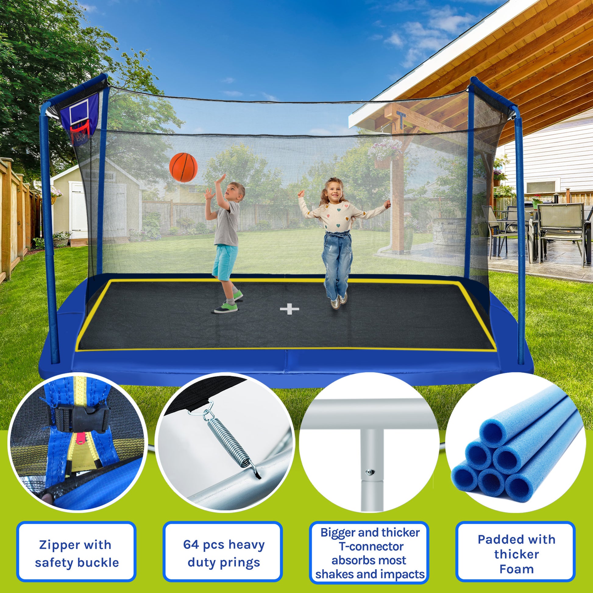 Yc 8Ft By 12Ft Rectangular Trampoline With Basketball Board,Ball Inflater And Ladder Blue Astm Standard Tested And Cpc Certified Blue Steel