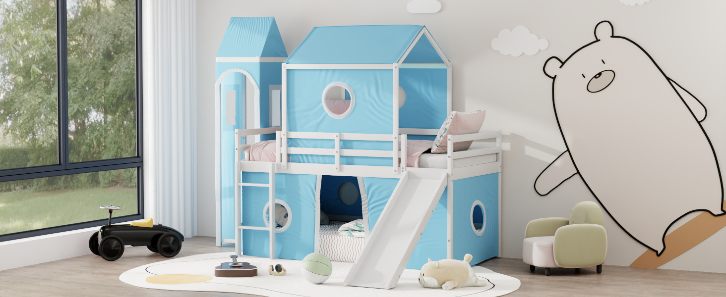 Twin Size Loft Bed With Slide Pink Tent And Tower Blue Old Sku:Wf298769Aac Twin Blue Solid Wood